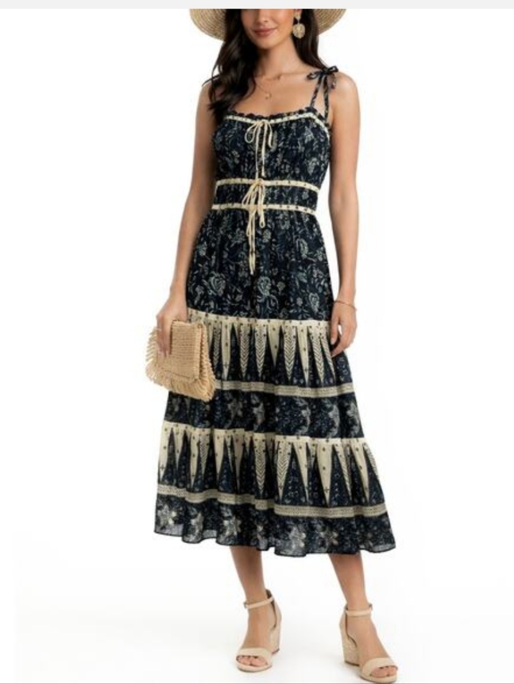 Christian Lacroix Boho Tie-Shoulder Midi Dress in Navy and Cream | Xsmall